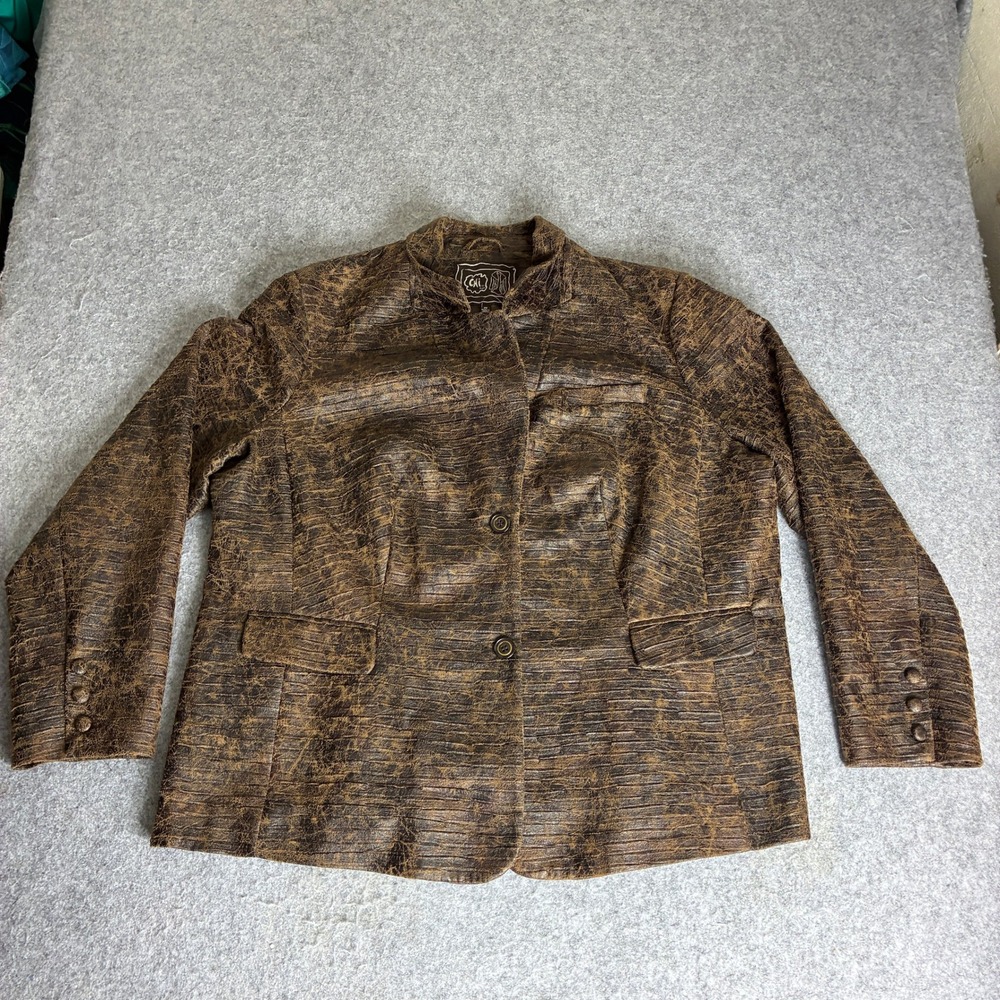 Chi by Falchi Women's 2X Brown Distressed Textured Faux Leather Jacket Blazer